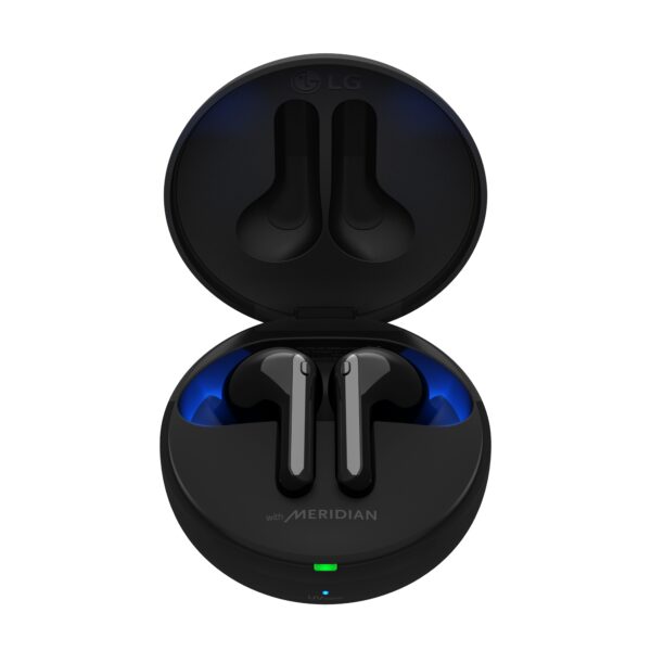 A pair of TONE Free FN7 earbuds in Stylish Black sitting inside its UVnano Charging case, which is emitting a blue light from the top of the case informing charging level and UV nano status