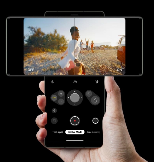 LG Wing in Swivel Mode being used to capture a video, with buttons on the Second Screen that let the user switch between multiple camera features like its Gimbal Mode and Dual Recordin