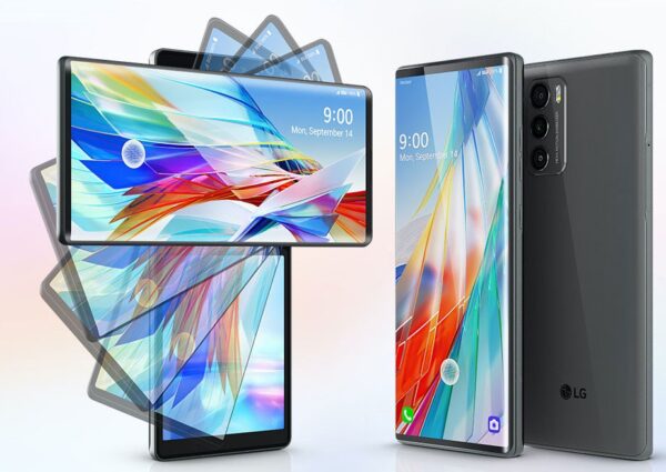 A still image showing the process of LG WING rotating 90 degrees to form two screens, next to a front and rear view of the device in its standard mode