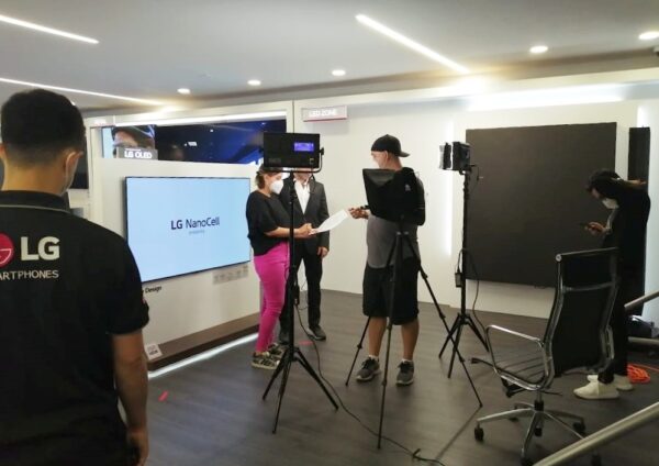 LG staff working on set as they prepare for the official LG OLED launch event in Panama