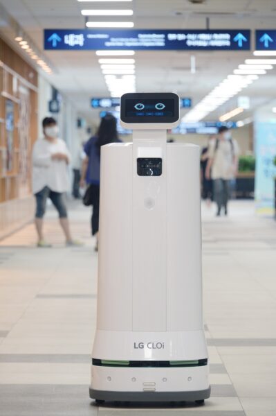 LG CLOi ServeBot standing inside a hospital