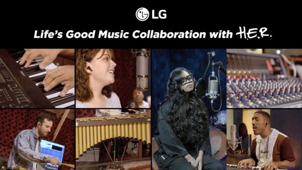 A photo collage for the Life’s Good Music Collaboration with H.E.R. showing the instruments used and performers recording as the campaign progressed