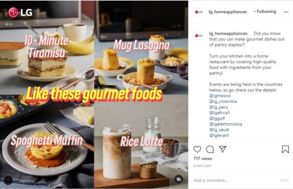 A screenshot of LG Home Appliances’ Pantry Dish Challenge post on Instagram which shows four gourmet foods you can make at home