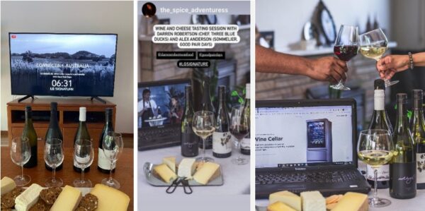 Images of guests setting up their Good Pair Days box of selected wines and artisan cheeses at home, as they watch the event through their TVs and laptops