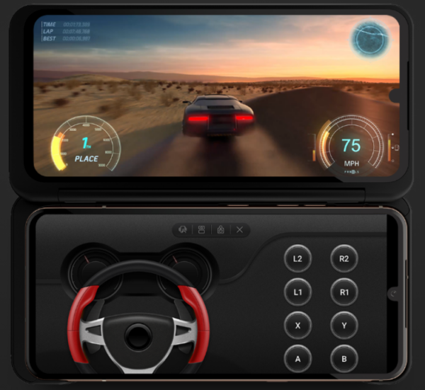  LG V60ThinQ 5G and LG Dual Screen being used to play a racing game with its second screen displaying a steering wheel and other game controls