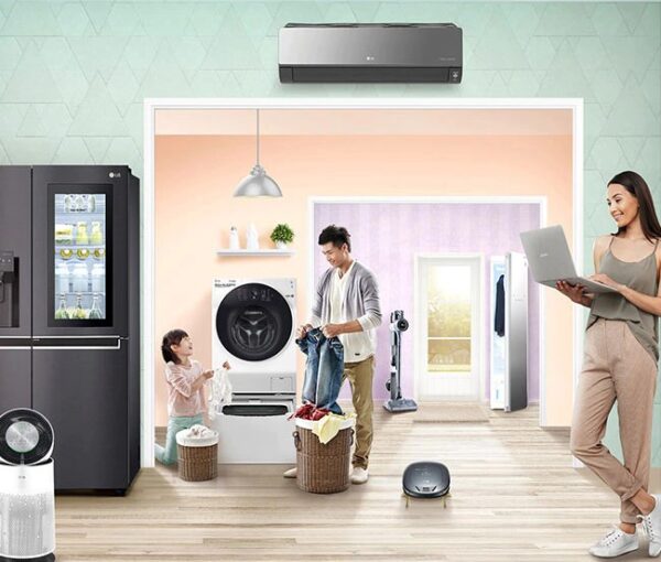 A family of three do the housework in a room filled with LG home appliances, including the LG AI DD Washing Machine