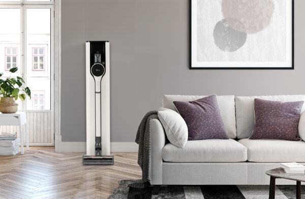 CordZero A9 Kompressor+ is placed on a charging station in the livingroom