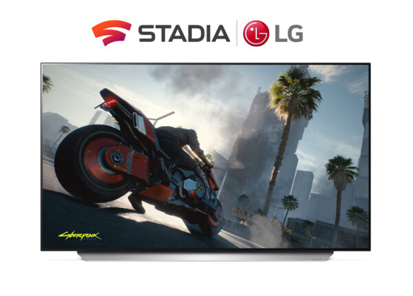 Front view of LG 48 inch OLED TV C1 displaying motorcycle gameplay from hit video game Cyberpunk 2077, which is enabled by Google Stadia
