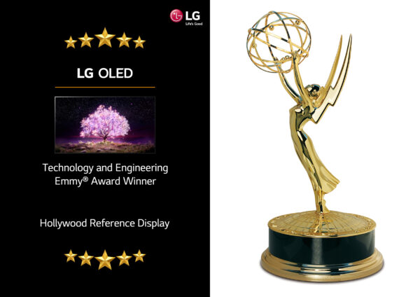 Side-by-side images showing LG OLED TV with its two new honorable titles Technology & Engineering Emmy Award Winner and Hollywood Reference Display on the left, and the Emmy trophy on the right.