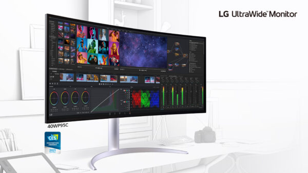 LG UltraWide monitor 40WP95C, a CES Innovation Award Honoree, displaying every video and picture editing tool on one screen