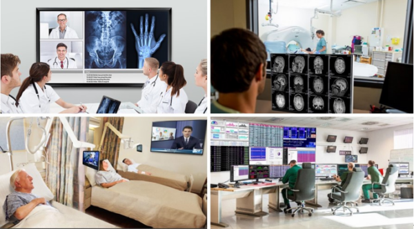  Four pictures taken inside a healthcare facility showing the various applications of LG’s B2B solutions in the medical field.