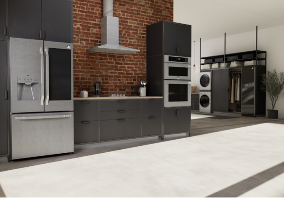 A photo featuring LG's luxury Signature Kitchen Suite and advanced home appliances including Styler and WashTower together in a modern house.