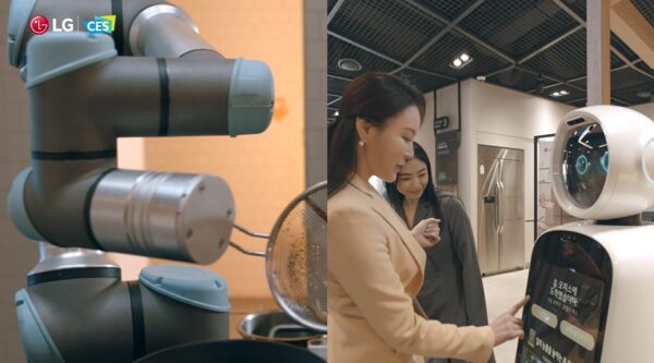 LG CLOi ChefBot is shown cooking on the left, while LG CLOi GuideBot helps two women find their way around a public building on the right. 