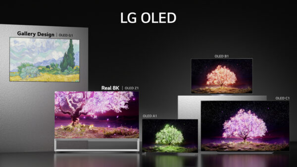 Five different OLED TV models from the LG 2021 TV lineup showcased in a dark room to really show off their sleek modern designs and self-lit panels that produce sharp and realistic pictures