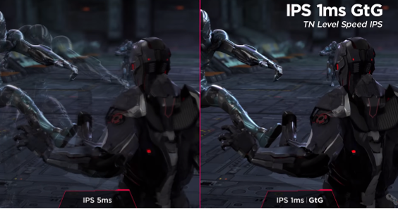 An image using the gameplay of a futuristic action title to compare the more conventional IPS 5ms monitor speed with that of LG UltraGear's rapid IPS 1ms GtG.
