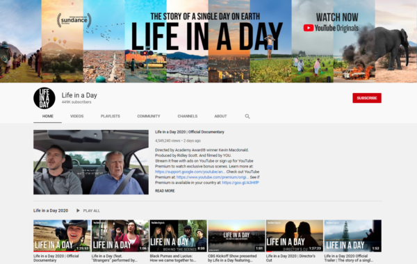 A screenshot of the 'Life in a Day' YouTube page showing the channel's various uploaded videos.