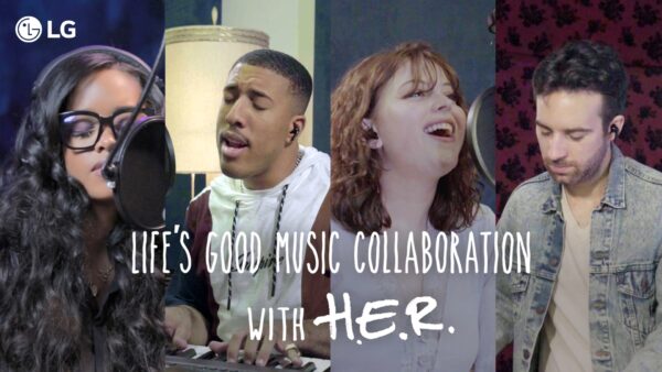 A picture promoting the LG Life's Good Music Collaboration with famous musician H.E.R., which shows the singer and the three contest winners recording a new song