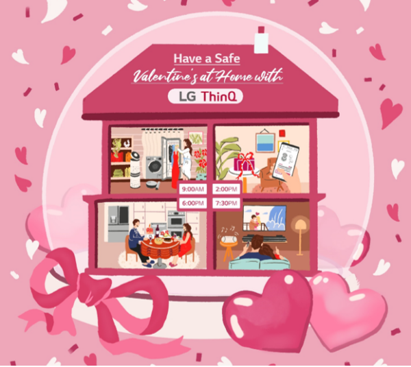 An illustration of a home showing how to spend Valentine's Day with LG's various products.
