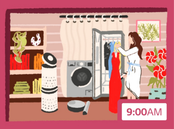 An illustration featuring LG Puricare, an LG washing machine and a woman putting her date clothes inside LG Styler at 9am.