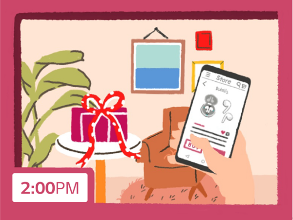 An illustration of someone buying a pair of LG Tone Free earbuds for a Valentine's Day gift at 2pm via the LG ThinQ smartphone app.