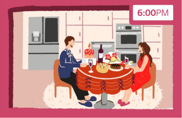 An illustration of a couple having a fancy dinner at home at 6pm with the help of LG's diverse and advanced home appliances.