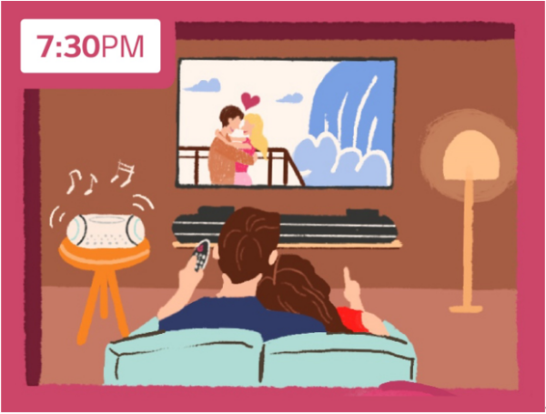 An illustration of a couple watching a romantic movie together on LG's AI TV at 7.30pm during their Valentine's Day date.