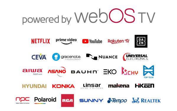 The large 'powered by webOS TV' logo with smaller logos of 26 brands joining the webOS TV ecosystem below
