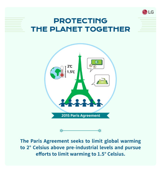 A brief explanation of the Paris Agreement with an outline image of the Eiffel Tower.