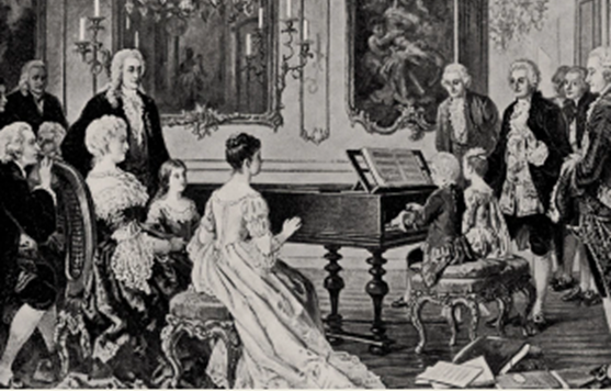 A painting of Maria Anna and Wolfgang Amadeus Mozart playing piano together in front of a crowd