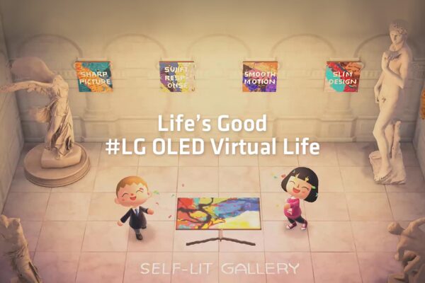 LG OLED TV displayed in a 'self-lit gallery' within popular video game ‘Animal Crossing,’ with sculptures in each corner and two cute player avatars posing.