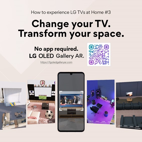 The third and final image of ‘How to experience LG TVs at Home’ shows a smartphone with screenshots of LG’s virtual rooms and a QR code that takes users to the LG OLED Gallery AR experience.