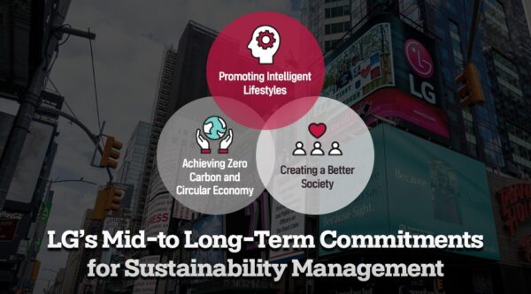 A picture stating LG’s main commitments for sustainability management, with LG's giant Times Square screen displaying the company logo in the background.