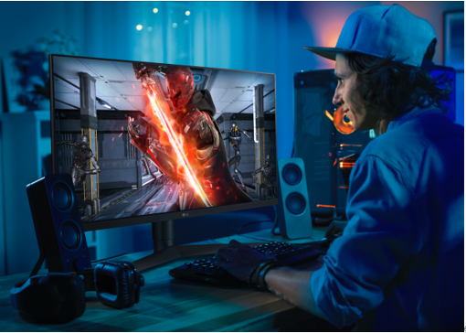 A gamer experiencing the high-speed, extremely sharp images provided by the LG UltraGear™ gaming monitor while playing an action video game at home.