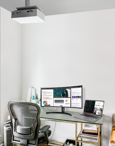 A simple home office uses LG's projector, monitor and gram laptop to create the most convenient working environment.