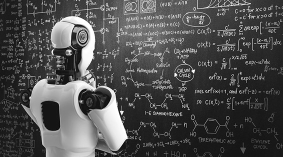 A robot staring at a giant blackboard as if trying to figure out complex mathematical equations to solve a problem.