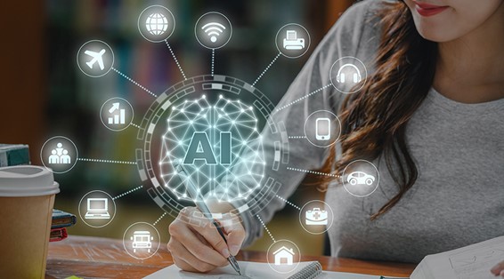 A spider diagram displaying factors related to AI with an image of a woman studying at a desk.