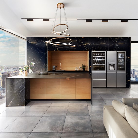 This Nero Portoro marble wall and countertop is the pinnacle of sophistication, the perfect natural backdrop for the textured steel finish of the LG SIGNATURE Refrigerator and Wine Cellar, which breathe innovation into this contemporary space. 