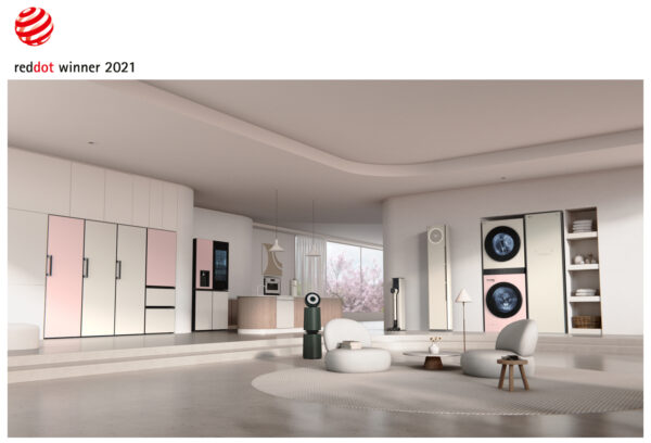  LG's collection of Red Dot Award-winning home appliances including its air conditioner, Styler, refrigerator and more are displayed in a modern, spacious living room to give the space a greater sense of style.