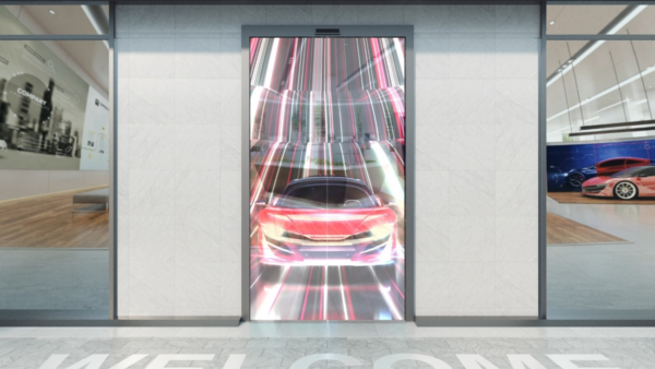 An image of a car showroom which uses LG signage on its entrance door, which can be experienced during the virtual tour