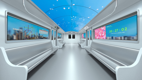 The inside of a subway train with LG signage used to display information or views on the windows which can be experienced through the company's virtual tour