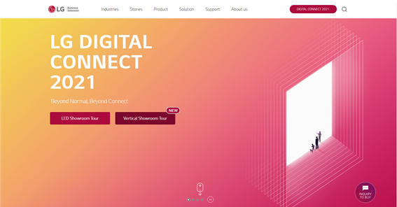 The home page of the LG Digital Connect 2021 Virtual Showroom’s online gateway which displays bright and warm colors