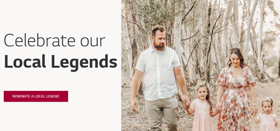 A screenshot of the online gateway to Local Legends website with a photo of a family walking hand-in-hand through an Australian forest that has been ravaged by one of last year’s bush fires.