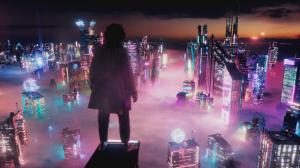  Someone stands on the edge of a tall skyscraper while looking down at a futuristic city full of high-rise buildings and neon lighting