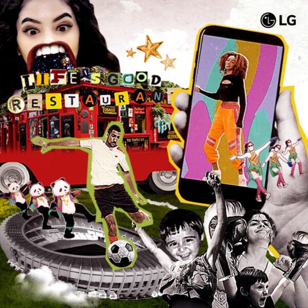  A collage promoting the Life’s Good Restaurant with a smartphone displaying a woman dancing and a man playing football