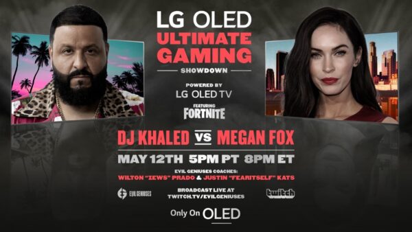 A promotional image for the LG OLED Ultimate Gaming Showdown on Fortnite between DJ Khaled and Megan Fox