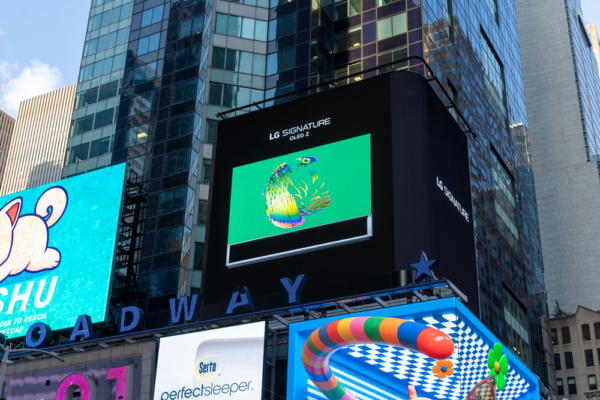 LG's digital billboard in Time Square, New York displaying an animation for LG SIGNATURE OLED Z representing the infinite and rich color of the product
