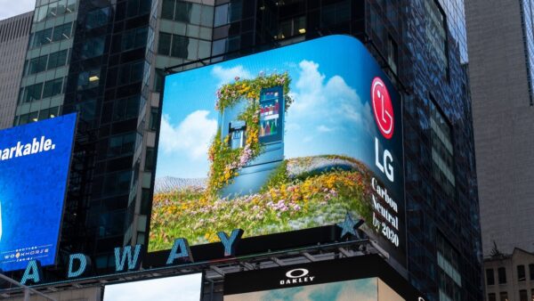  LG’s Earth Day video highlighting its green initiatives and goal of carbon neutrality playing in Times Square, New York City