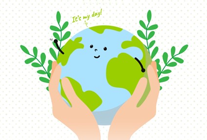 An illustration of the Earth being held in two hands as it states, ‘It’s my day!’