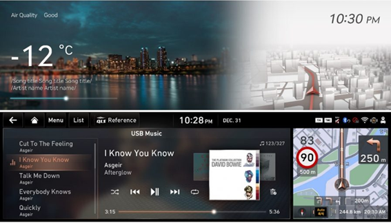  The LG infotainment system displaying various information including the weather, a navigation tool and a user interface for playing music 