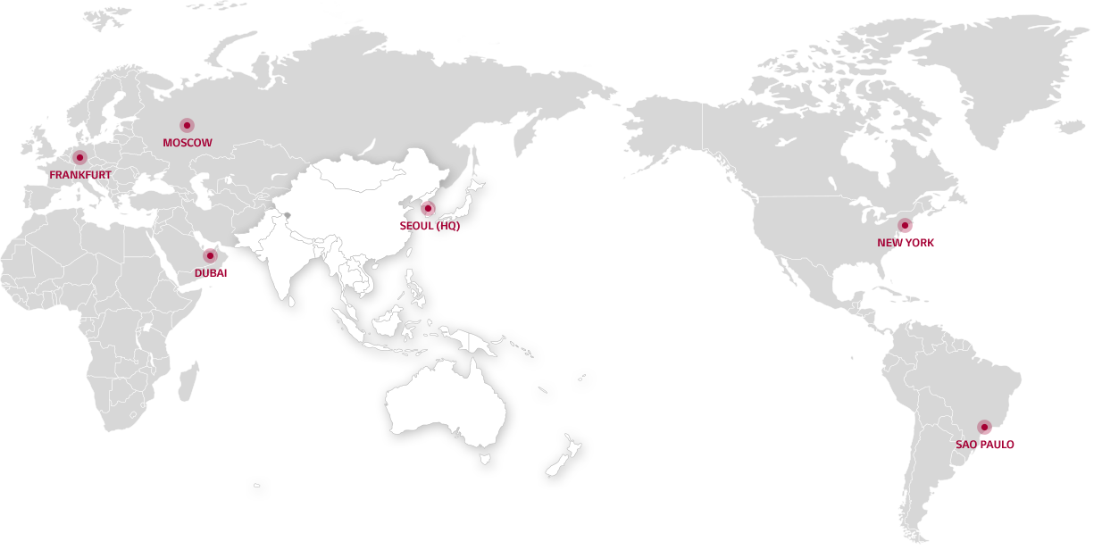 Global Network:north america(New York),europe(Frankfurt),asa&pacific(Seoul - HQ),russia&cis(Moscow),middle east&africa(Dubai),latin america(Sao paulo)